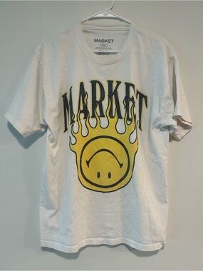 Arket White Short-Sleeve Tee with Yellow Flame Smiley Graphic